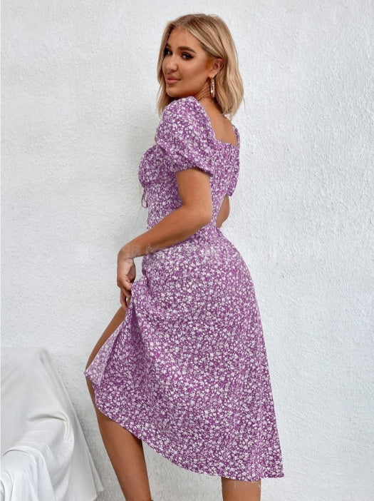 Blomstret midikjole med pufferm