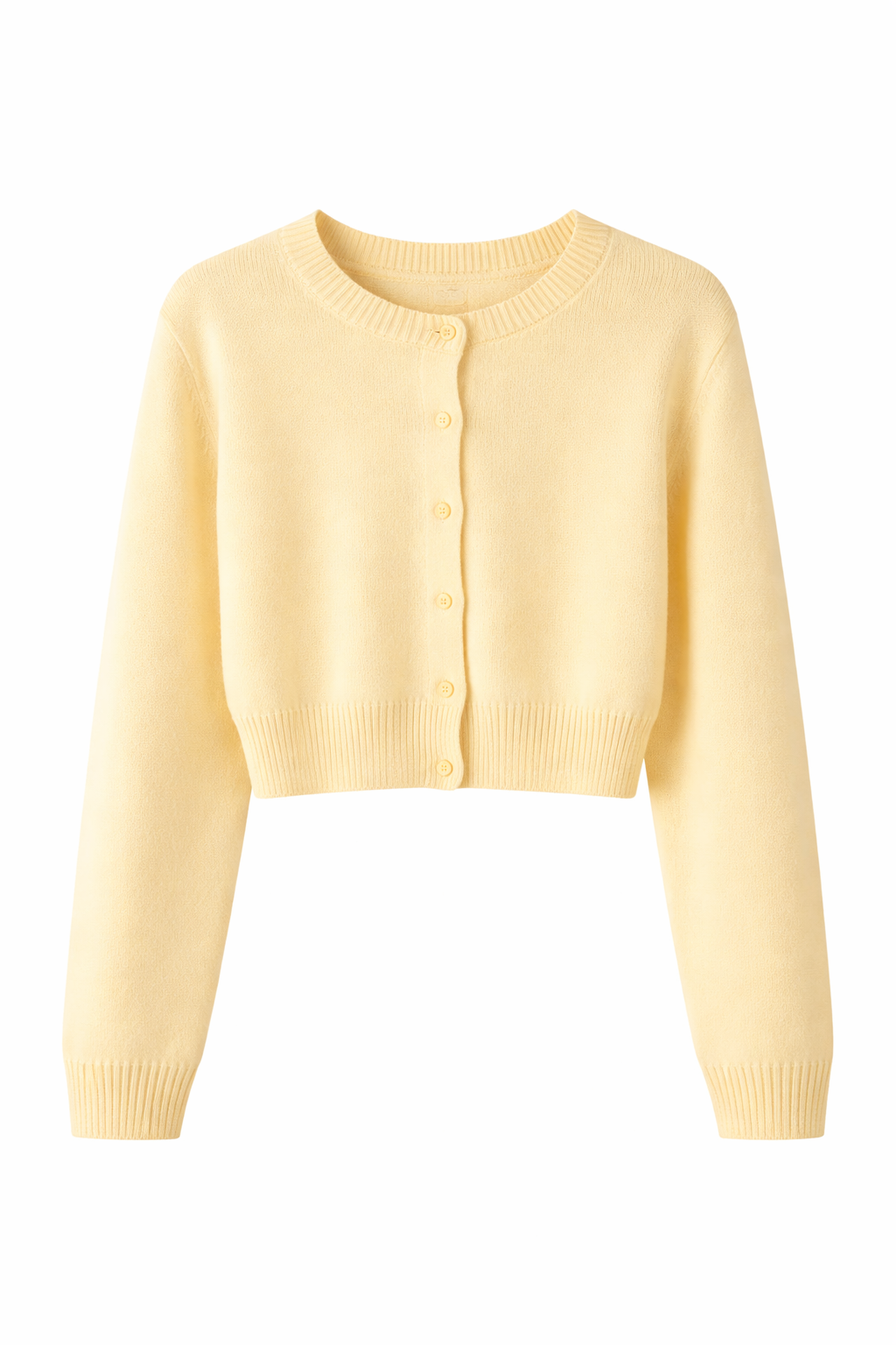 Kort cardigan i myk strikk med rund hals og knapper