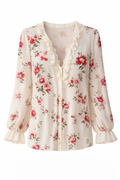 Blomsterprint V-hals Rysjede Puffermer Chiffongbluse