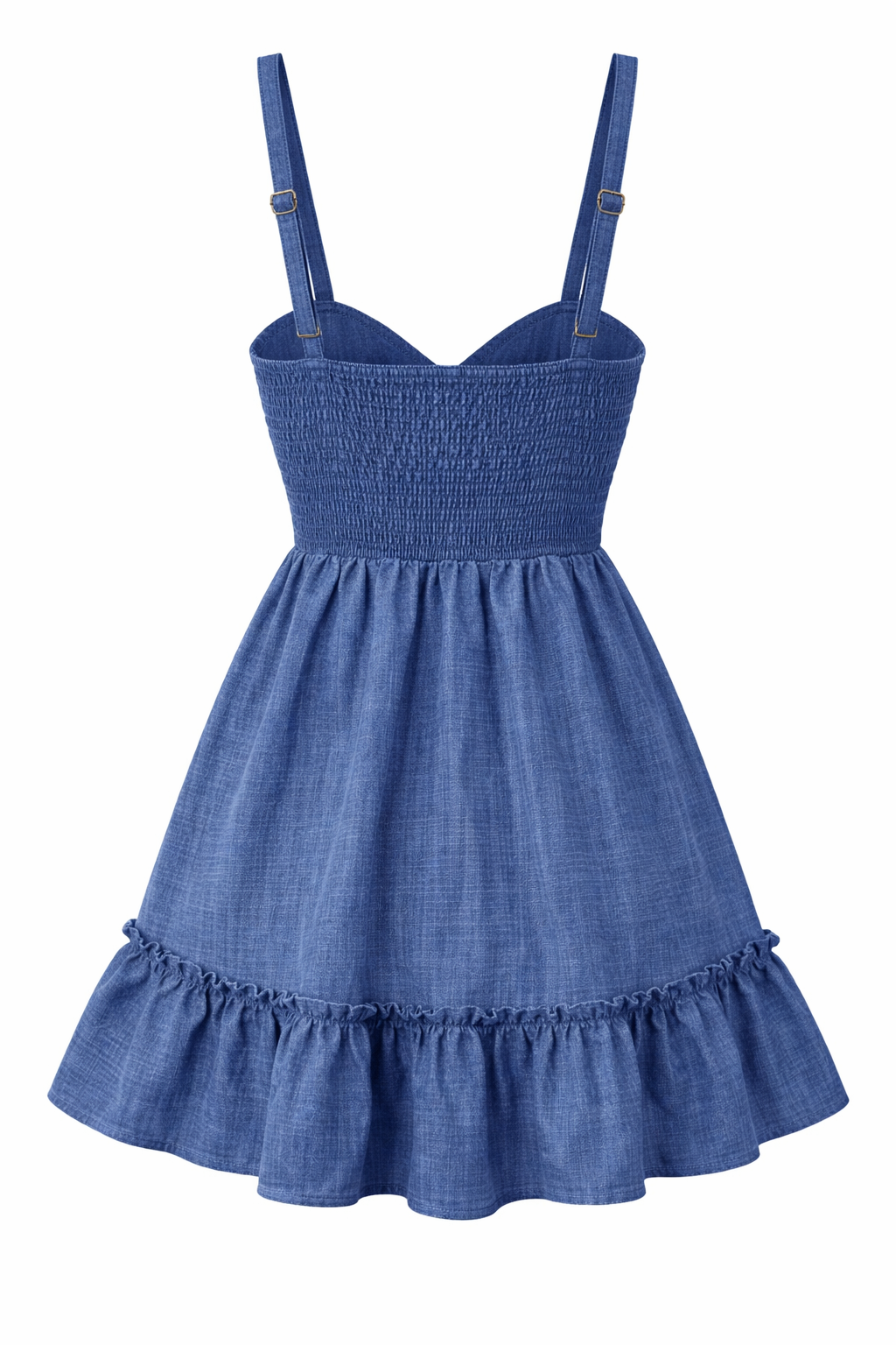 Denimblå Sommerkjole med Knotedetalj og Gullstropper