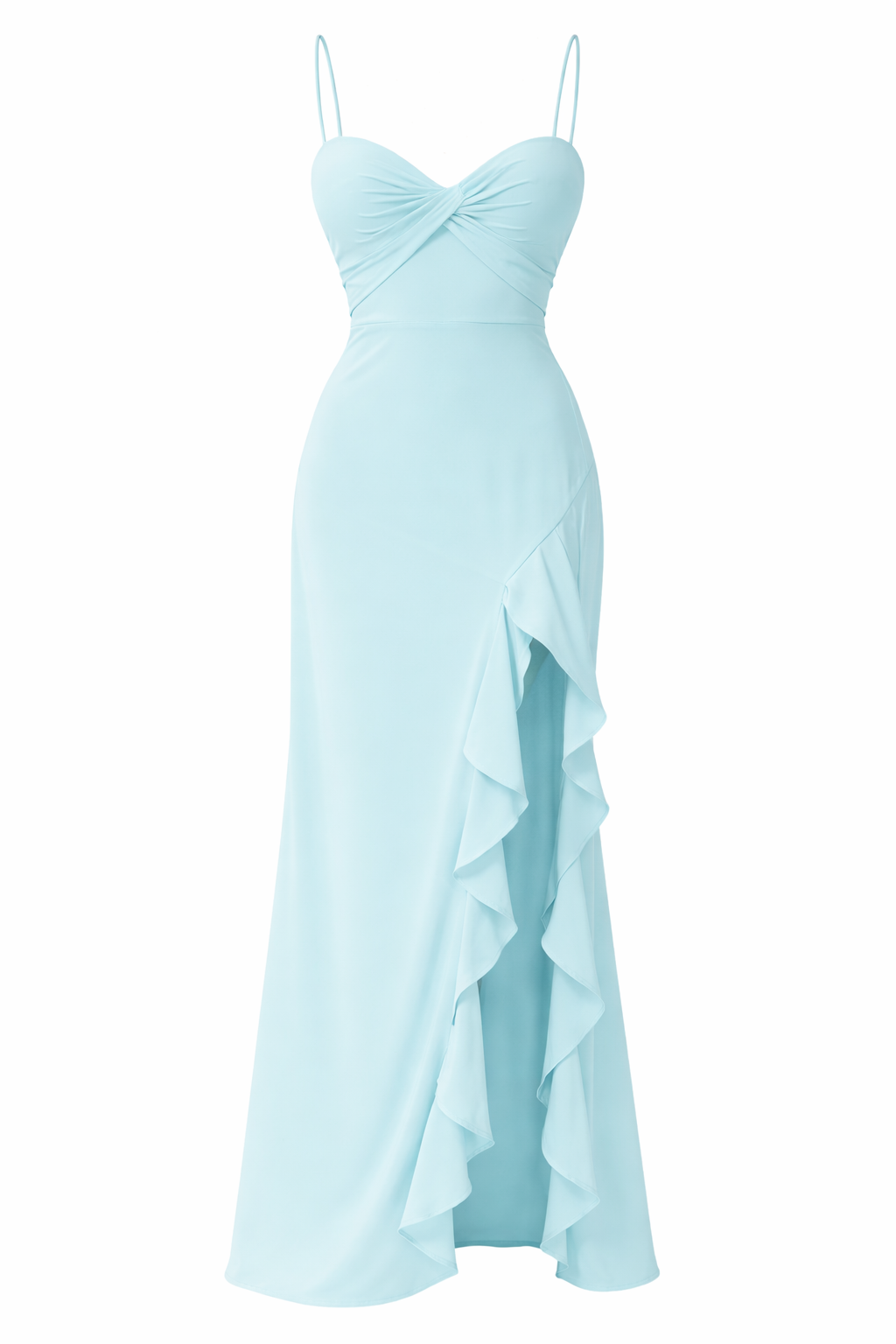 Elegant Maxi Kjole med Drapert Byste og Volangsplit