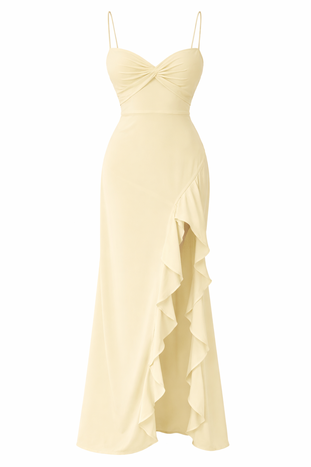 Elegant Maxi Kjole med Drapert Byste og Volangsplit