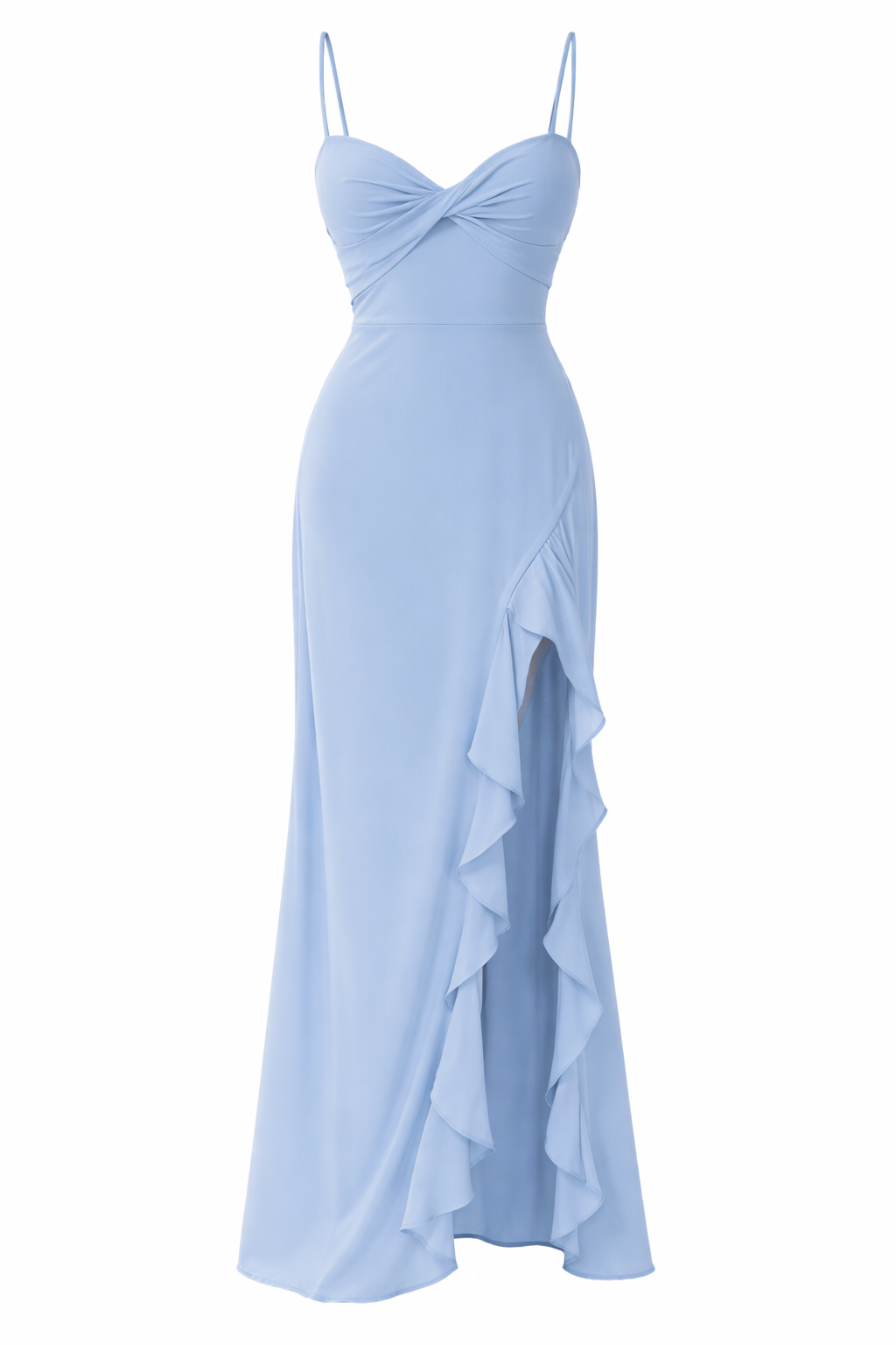 Elegant Maxi Kjole med Drapert Byste og Volangsplit