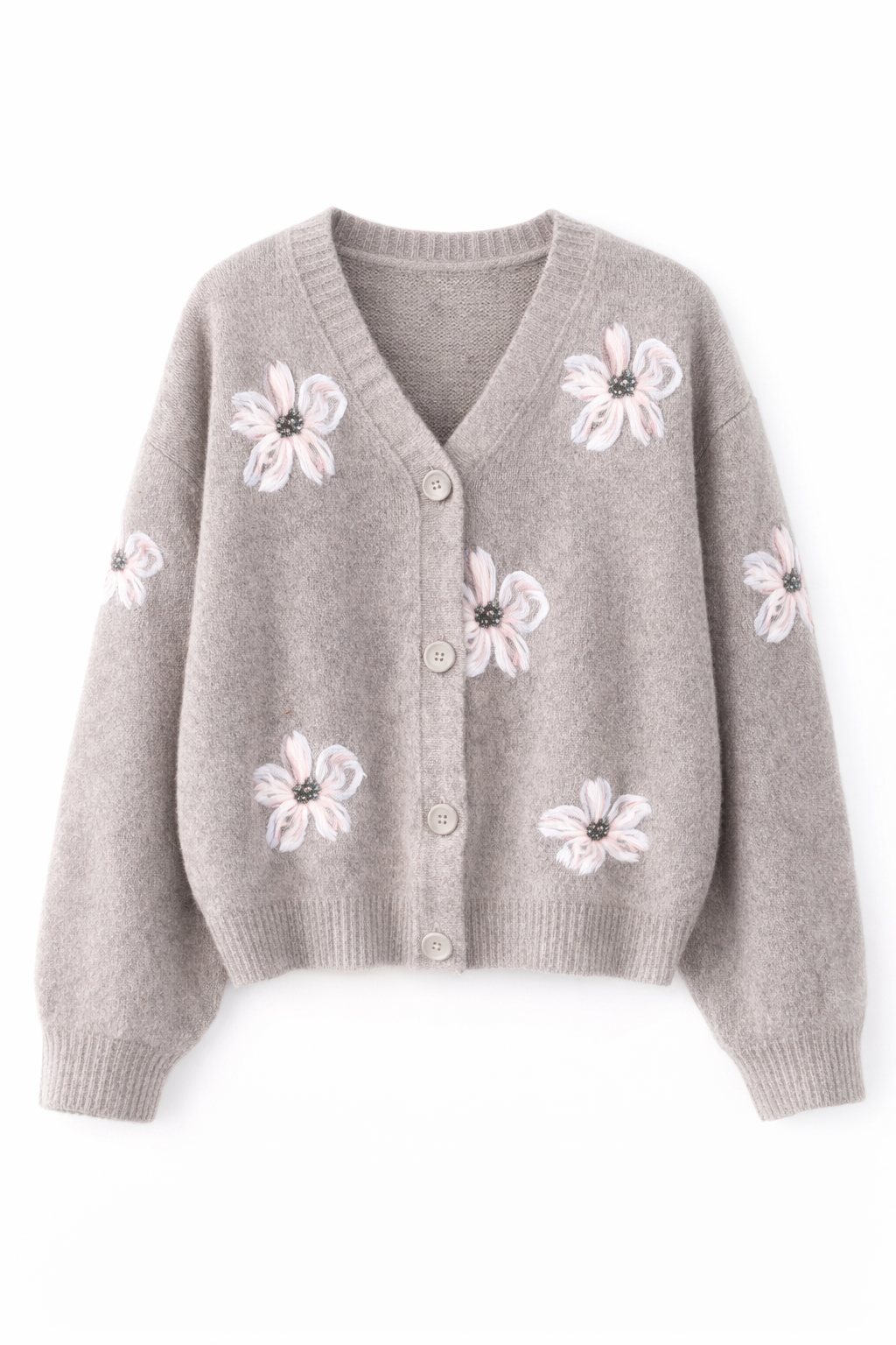 Finstrikket cardigan med blomster
