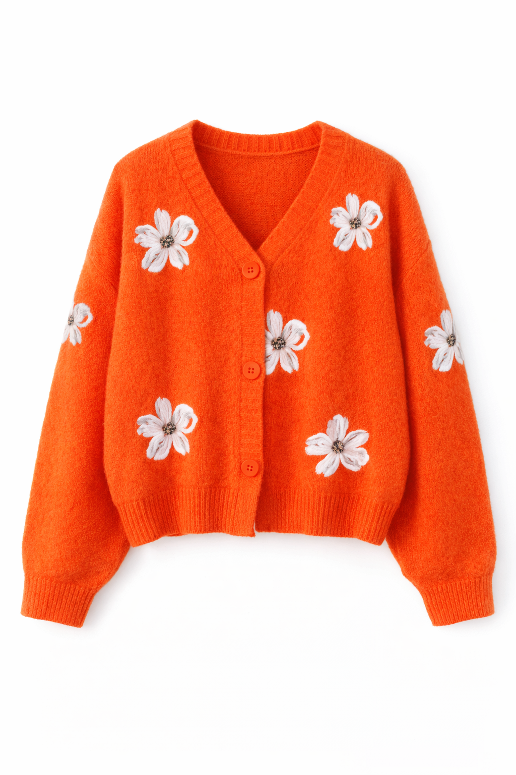 Finstrikket cardigan med blomster