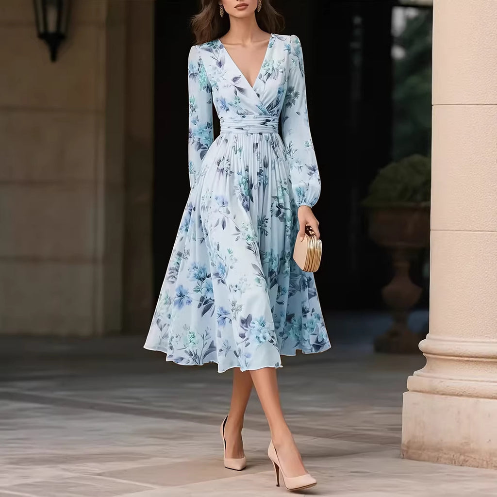 Elegant Blomstret kjole med V-hals