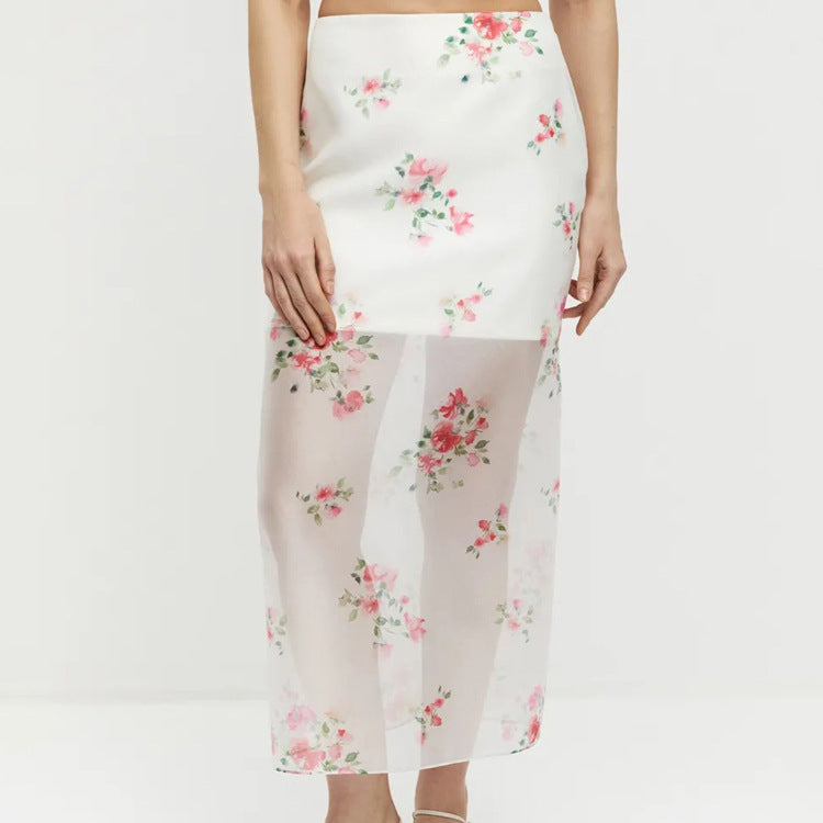 Transparent midiskjørt med delikat blomsterprint