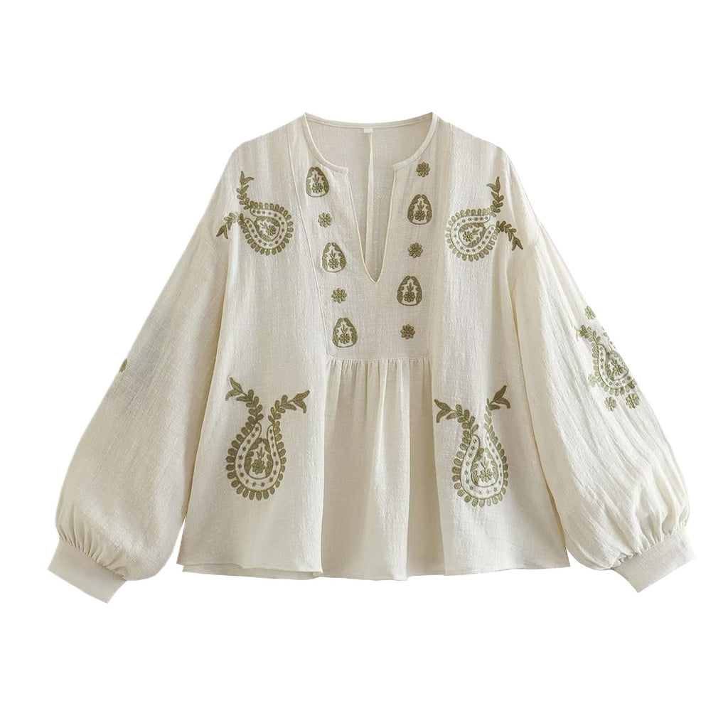 Brodert bluse med løs passform